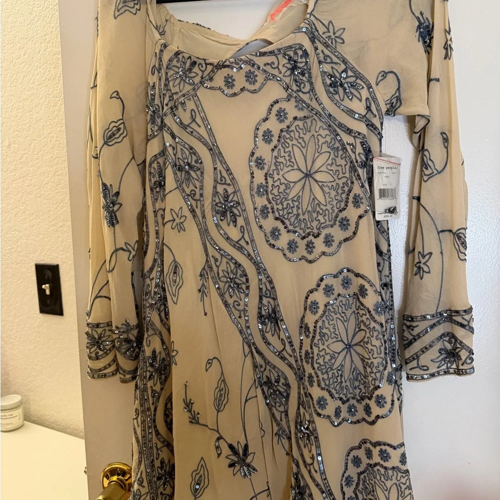 Free People Nude Dress with Navy Beaded Embroidery - Picture 5 of 9